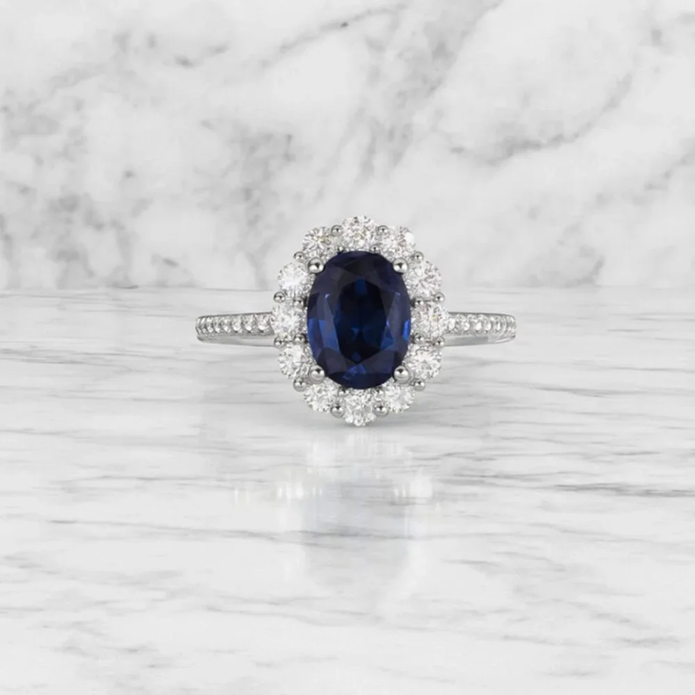 "Diana" Blue Sapphire Halo Ring - Picture 1 of 3